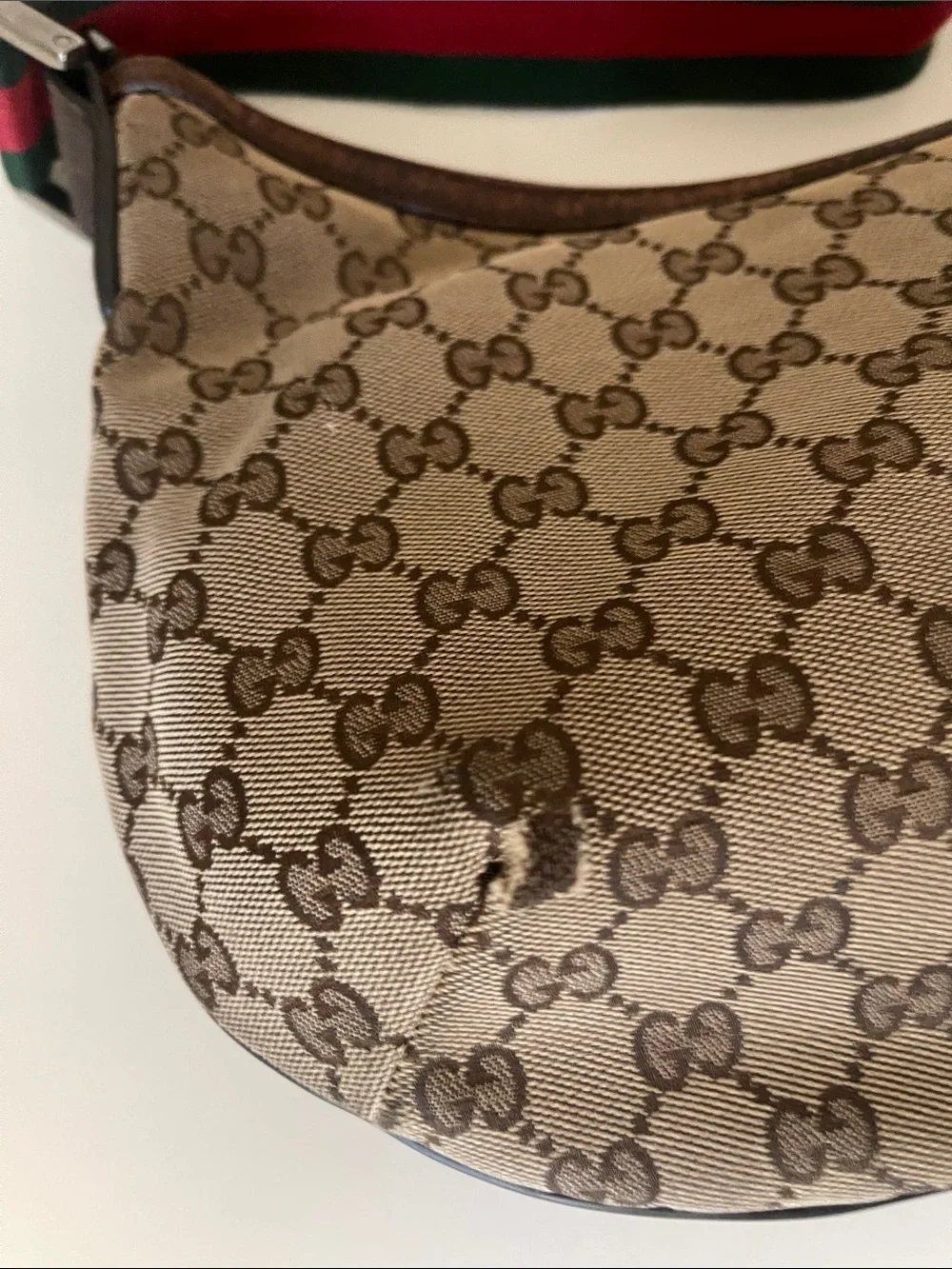 Gucci Beige/Brown GG Canvas Hobo with Green and Red Web Strap
